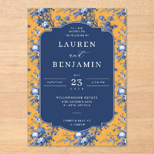 Elegantes marineblaues Blumenmuster Senf Acryleinladungen