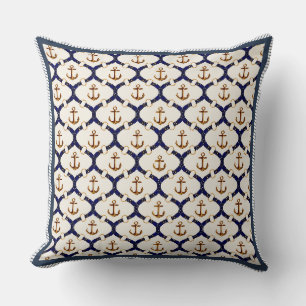 Elegantes maritimes Navy-Blau & Gold-Anker-Spalier Kissen