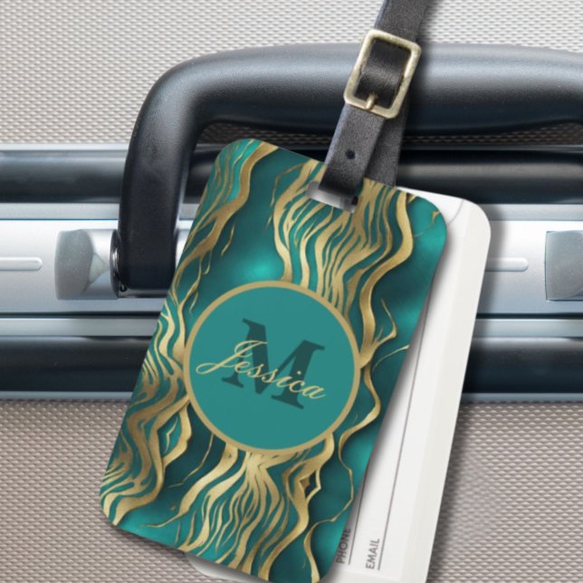 Elegantes Marmor Beige Türkisblau Aquamarines Mono Gepäckanhänger (Elegant Marble Beige Turquoise Blue Teal Monogram Luggage Tag)