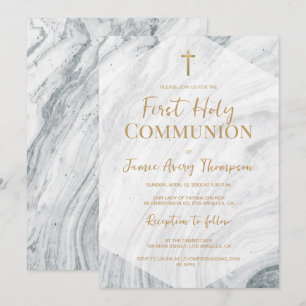 Elegantes Marmor Erstkommunion Goldkreuz Einladung
