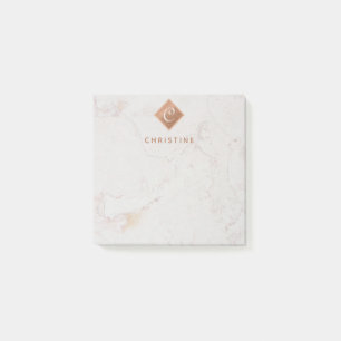 Elegantes Marmor-Kupfer-Monogramm Braun Name Weiß Post-it Klebezettel