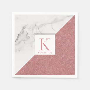 Elegantes Marmor-Rosé Glitter-Monogramm Serviette