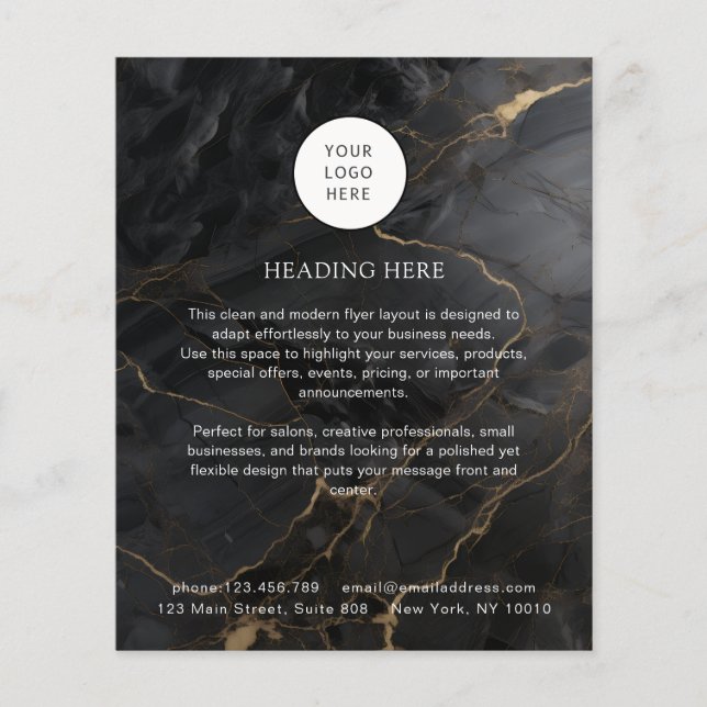Elegantes Marmor Schwarz-Gold-Salon-QR-Code & Logo Flyer (Vorne)