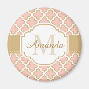 Elegantes marokkanisches Muster Pink Coral Monogra Magnet