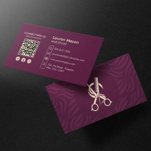 Elegantes Maroon-Hairstylist-Friseur-QR-Code Visitenkarte