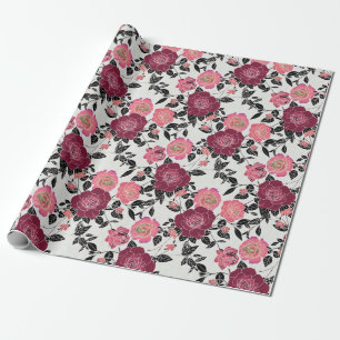 Elegantes Maroon Pink Burgundy Rose Blume Muster Geschenkpapier