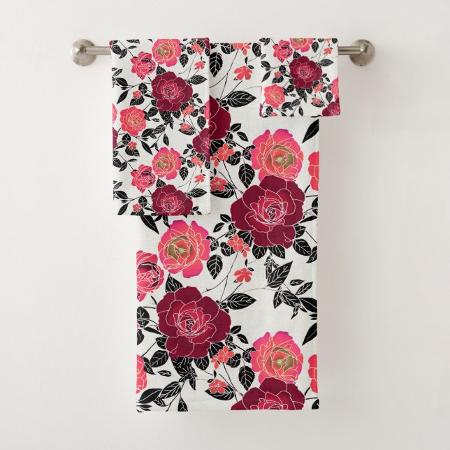 Elegantes Maroon Pink Burgundy Rose Blumenmuster Badhandtuch Set (Insitu)