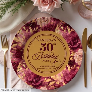 Elegantes Marsala-Rotgoldenes Blumen 50. Geburtsta Pappteller