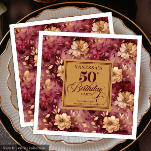 Elegantes Marsala-Rotgoldenes Blumen 50. Geburtsta Serviette