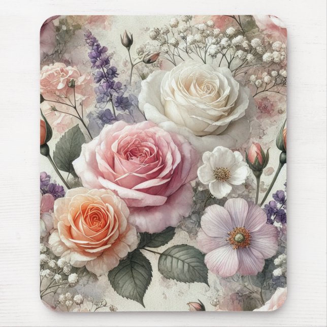 Elegantes Mauspad Wasserfarbe Rosa Weiße Rosen (Vorne)
