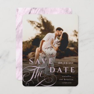 Elegantes Mauve Pink Typografy & Marble Back Foto Save The Date