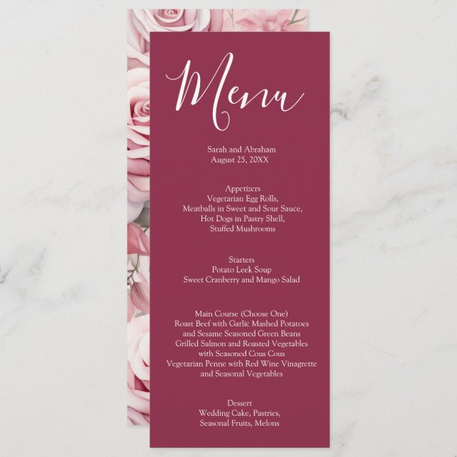 Elegantes mauve Rosa und White Roses Wedding Menu Menükarte (Vorne/Hinten)