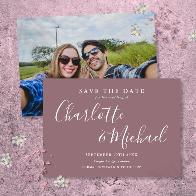 Elegantes Mauve Signature Script-Foto Save The Date (Elegant Mauve Signature Script Photo Save The Date)