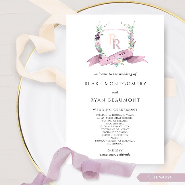 Elegantes Mauve- und Lila Monogram-Hochzeitsprogra (Von Creator hochgeladen)