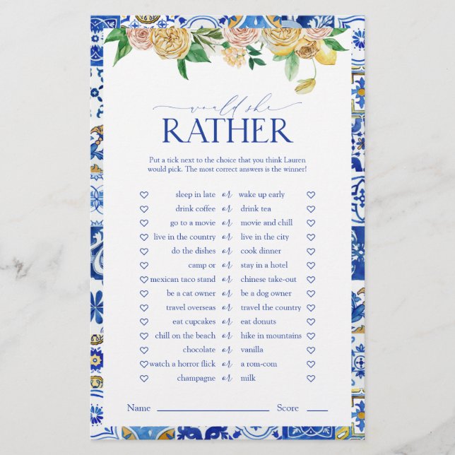 Elegantes Mediterranes Lemon Brautparty Game (Vorderseite)