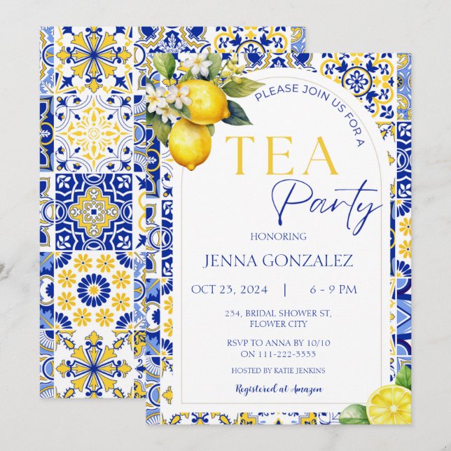Elegantes mediterranes Lemon Tiles Bridal Tea Part Einladung (Vorne/Hinten)