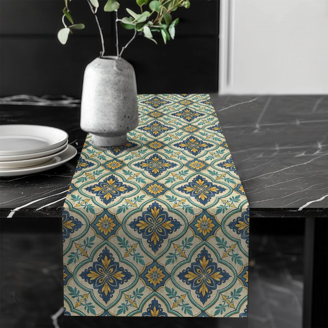 Elegantes mediterranes Tile Pattern pastellgrün Großer Tischläufer (Elegant Mediterranean Tile Pattern pastel green Long Table Runner)