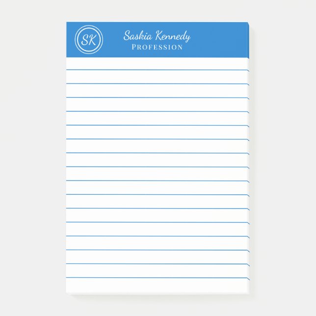 Elegantes Medium Blue Beruflich Monogram Business Post-it Klebezettel (Vorderseite)