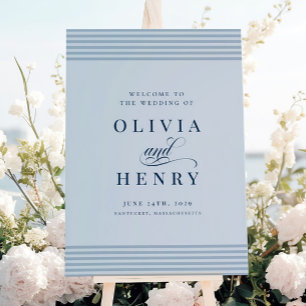 Elegantes Meer Küste Blau Streifen Hochzeitsschild Poster