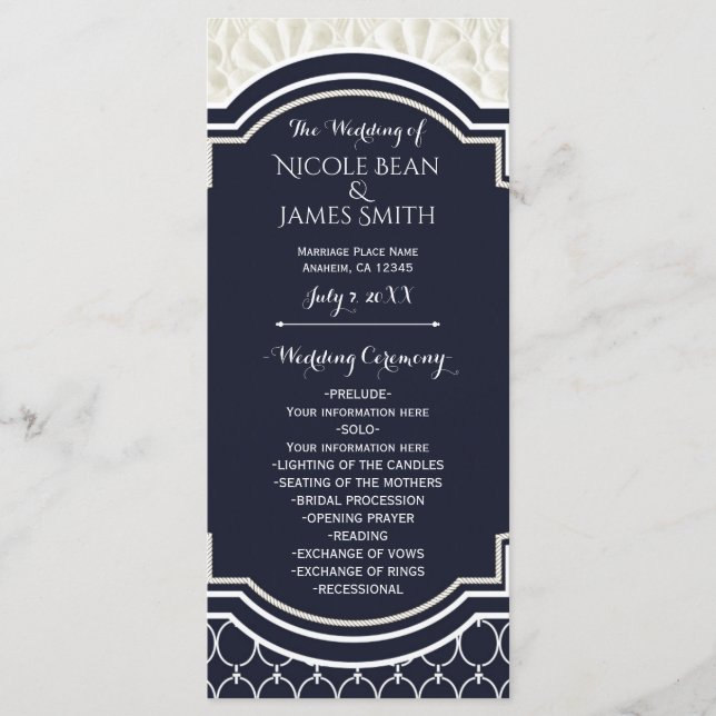 Elegantes Meeresthema Hochzeitsprogramm in Navy un Programm (Vorderseite)