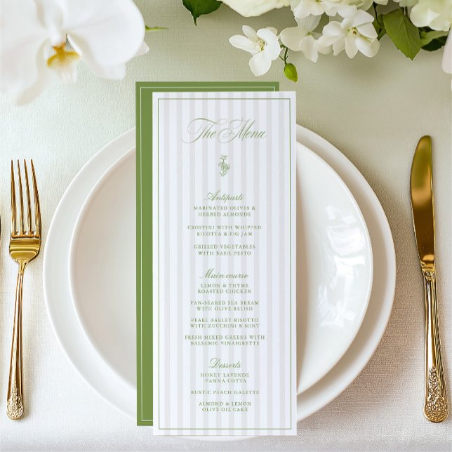 Elegantes Menü auf Grün- und Beigetönen Menükarte (Elegant Sage Green & Beige Striped Wedding Menu)