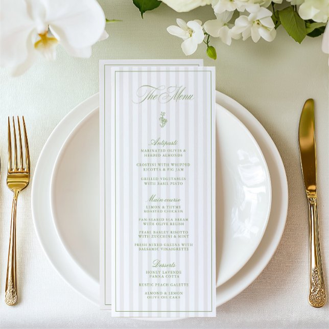 Elegantes Menü auf Grün- und Beigetönen Menükarte (Elegant Sage Green & Beige Striped Wedding Menu)