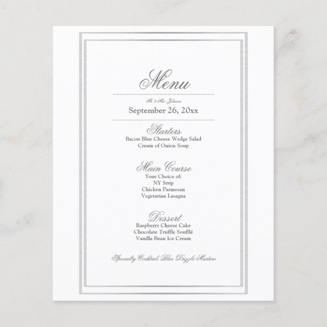 Elegantes Menü für Hochzeitsessen an der Silver Bo (Vorderseite)