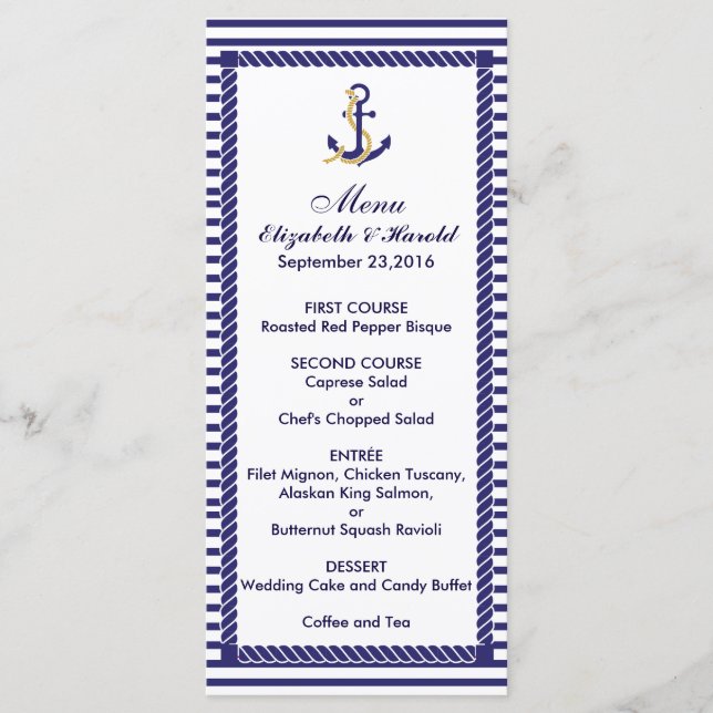 Elegantes Menü für Nautical Wedding Navy Stripes Menükarte (Vorderseite)