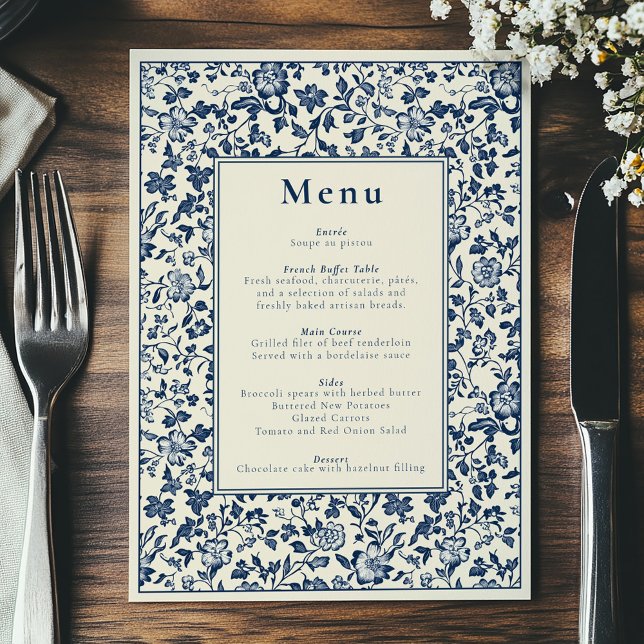 Elegantes Menü mit Blau und Creme mit botanischem  Menükarte (Botanical-themed menu, classic and timeless celebration. Delftware style antique border.)