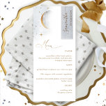 Elegantes Menü mit Gast-Namen, Himmelsmond-Sterne Menükarte<br><div class="desc">Warum verbringen Sie in Platzkarten und Menükarten, wenn Sie ein elegantes All-in-One-Menü personalisiert mit jedem Gast-Namen haben! Modernes, einfaches und elegantes Design mit schöner moderner handgeschriebener Kalligraphie. Schöner Himmel in Aquarellfarbe, mit Sternen und Mond. Menütext in goldenen Farbtönen, Streifen oben rechts in Imitaten silberne Folie mit Gast-Namen in goldenem Ton....</div>