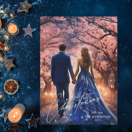 Elegantes Merry Christmas Blue Pink Floral Foto Feiertagskarte