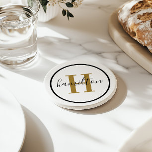 Elegantes Messing-Schwarz-Rund-Monogramm-Skript Getränkeuntersetzer