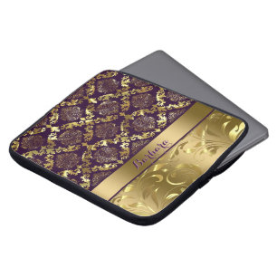 Elegantes Metallgold und Lila Damasken und Spitzen Laptopschutzhülle