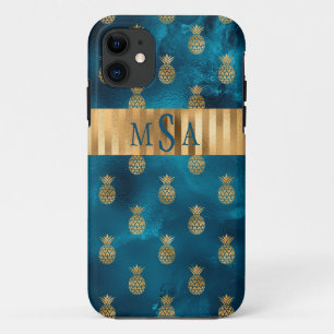 Elegantes Metallisches Aquamarines Ananas Monogram Case-Mate iPhone Hülle