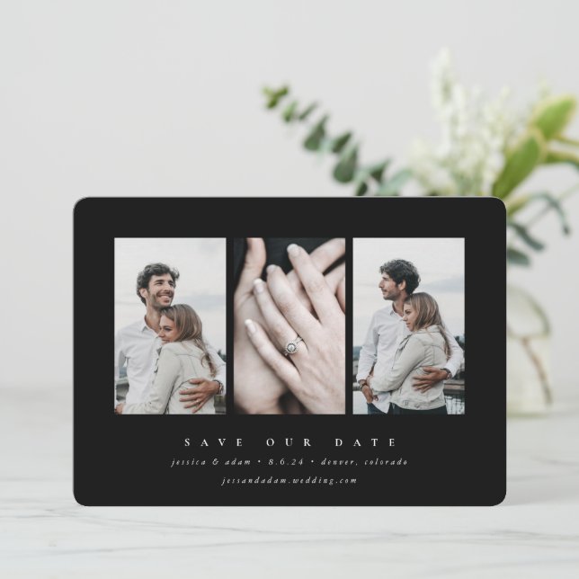 Elegantes Minimal 3 Foto Save The Date (Stehend Vorderseite)