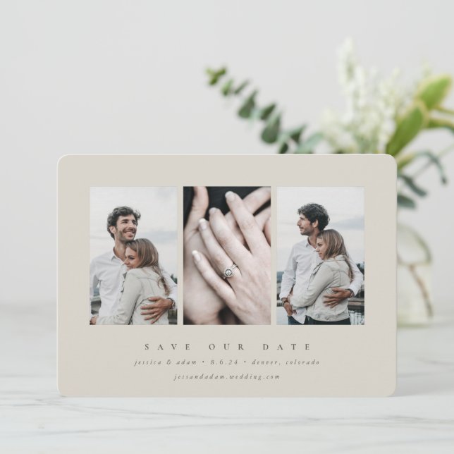 Elegantes Minimal 3 Foto Save The Date (Stehend Vorderseite)