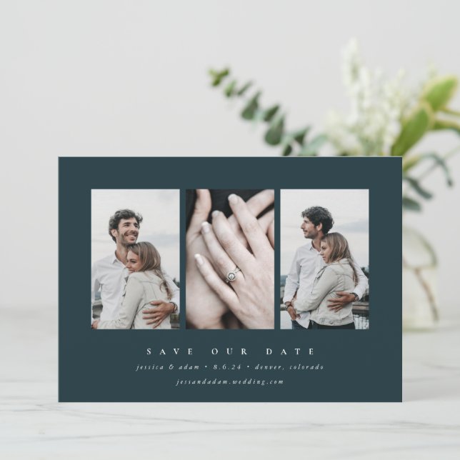 Elegantes Minimal 3 Foto Save The Date (Stehend Vorderseite)