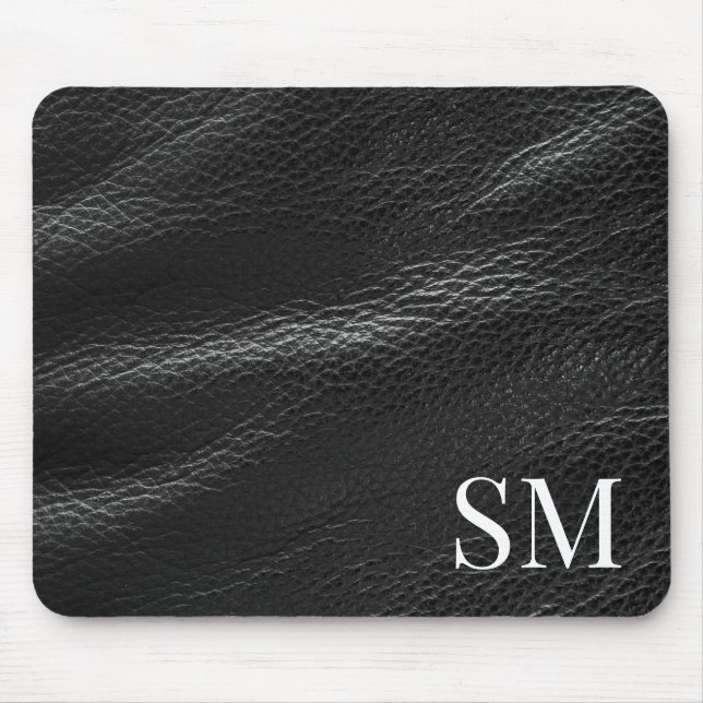 Elegantes Minimal Black Leather Monogramm Mousepad (Vorne)