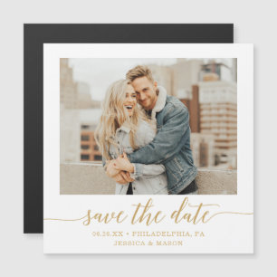 Elegantes Minimal Gold Foto Hochzeit speichern das Magneteinladung