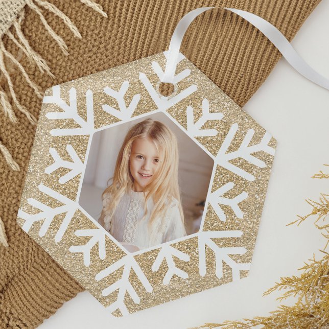 Elegantes Minimal Gold Glitzer Snowflake Foto Ornament Aus Glas (Elegant Minimal Gold Glitter Snowflake Photo Glass Ornament)