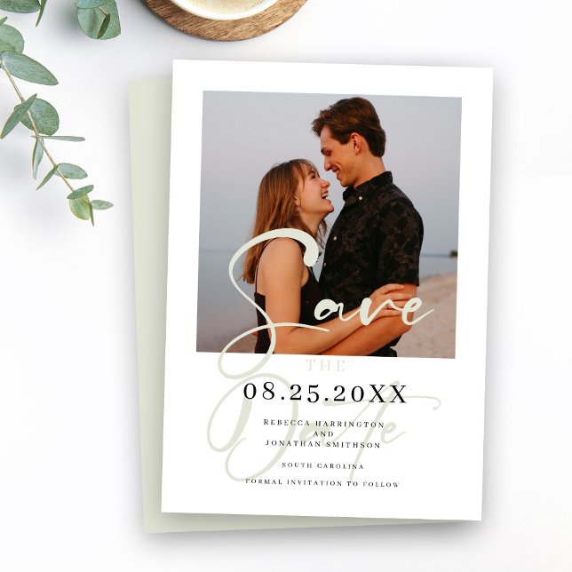 Elegantes Minimal Green Wedding Foto Save the Date (Von Creator hochgeladen)