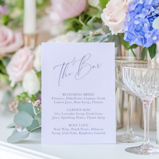 Elegantes Minimal Lavender Brautparty Bar Menü (Elegant Minimal Lavender Bridal Shower Bar Menu)