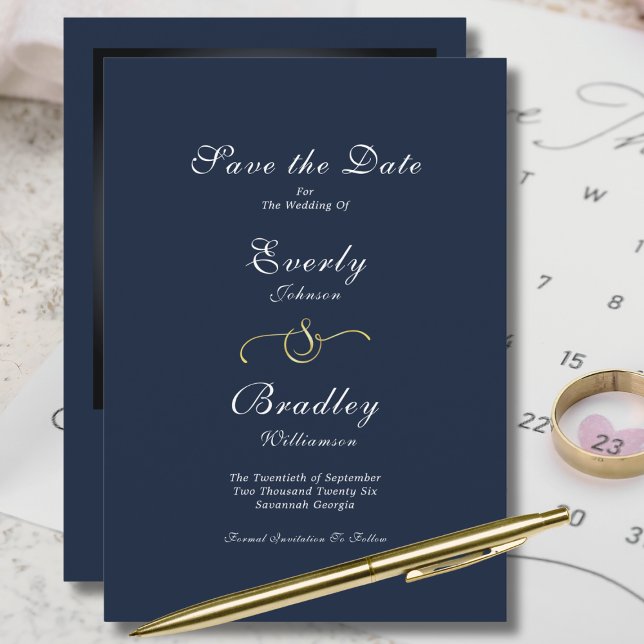 Elegantes Minimal Navy Gold Script Save the Date Einladung (Von Creator hochgeladen)