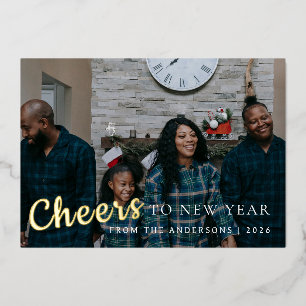 Elegantes Minimal New Year Cheers Family Foto Folien Feiertagskarte