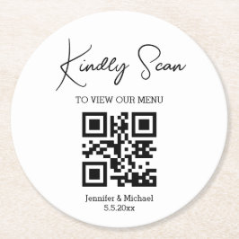 elegantes Minimal-QR-Menü für Hochzeiten Runder Pappuntersetzer