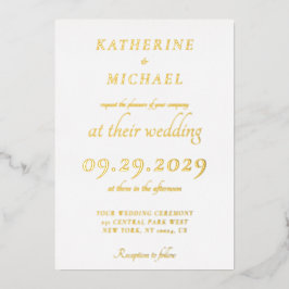 Elegantes Minimal Weiß Hochzeit Gold Folieneinladung