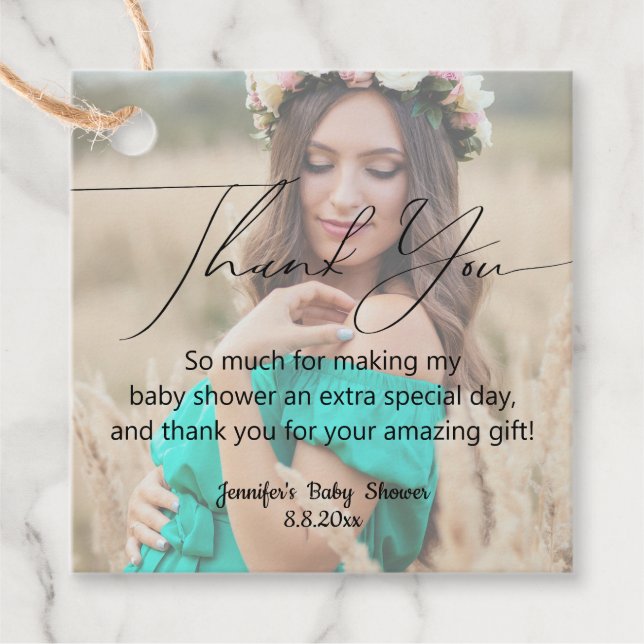 Elegantes minimales Dankeschön Baby Dusche Foto Geschenkanhänger (Vorderseite)