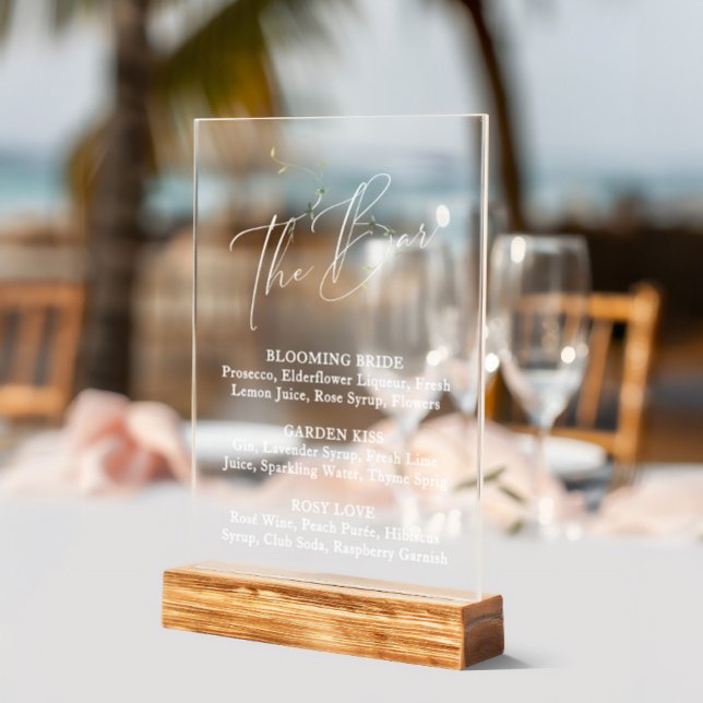 Elegantes Minimali Botanisches Brautparty Bar Menü Acrylschild (Elegant Minimali Botanical Bridal Shower Bar Menu Acrylic Sign)