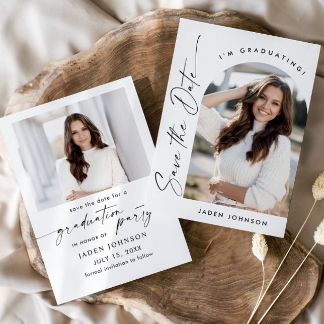 Elegantes Minimalistisch Graduiertenparty 2 Foto Save The Date (Von Creator hochgeladen)