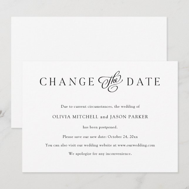 Elegantes Minimalistisch| Hochzeit ändern Datum Einladung (Vorne/Hinten)